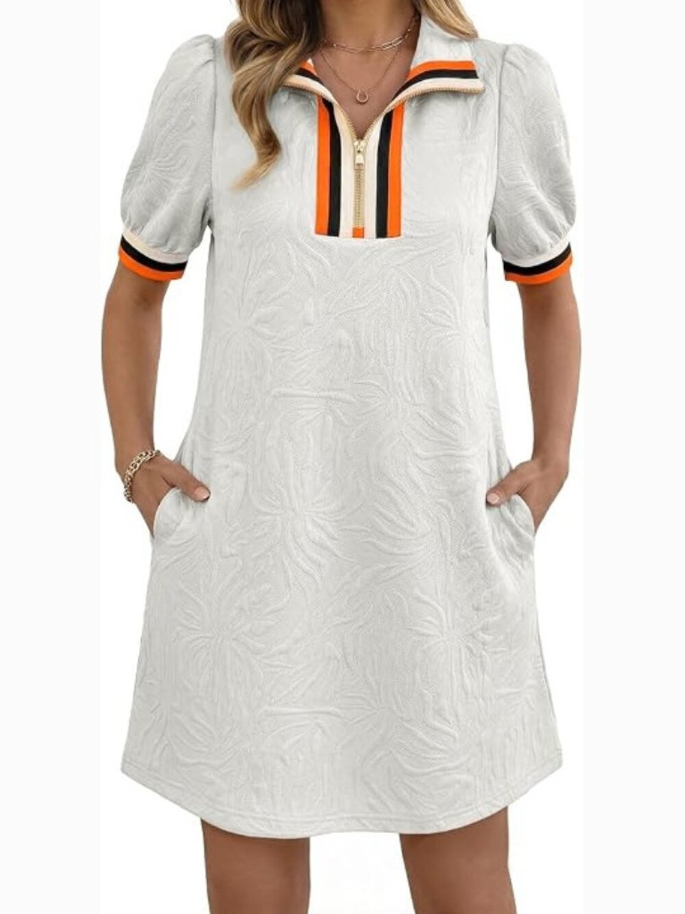 Half Zip V Neck Short Sleeve Mini Sweatshirt Dress with Pockets